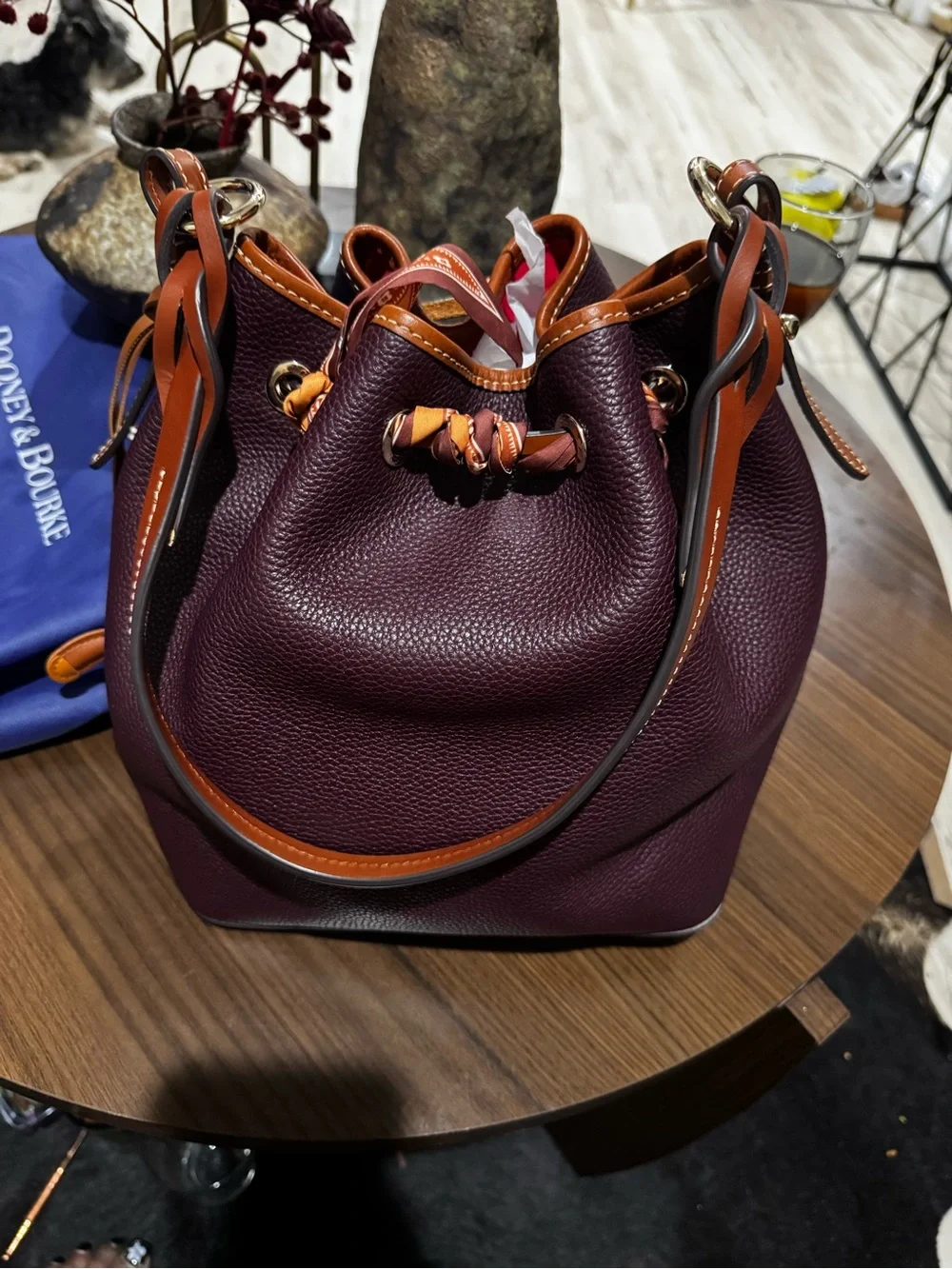 Dooney & Bourke Plum Pebbled Leather Drawstring Hobo with Tan Trim